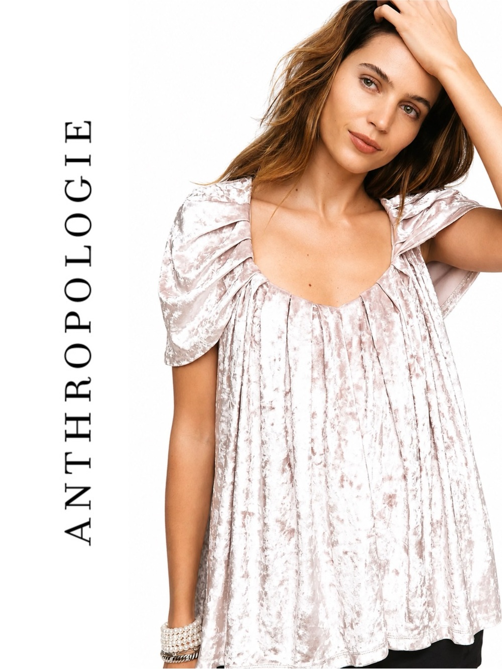 Anthropologie Maeve Short-Sleeve V-Neck Drapey Velvet Tee